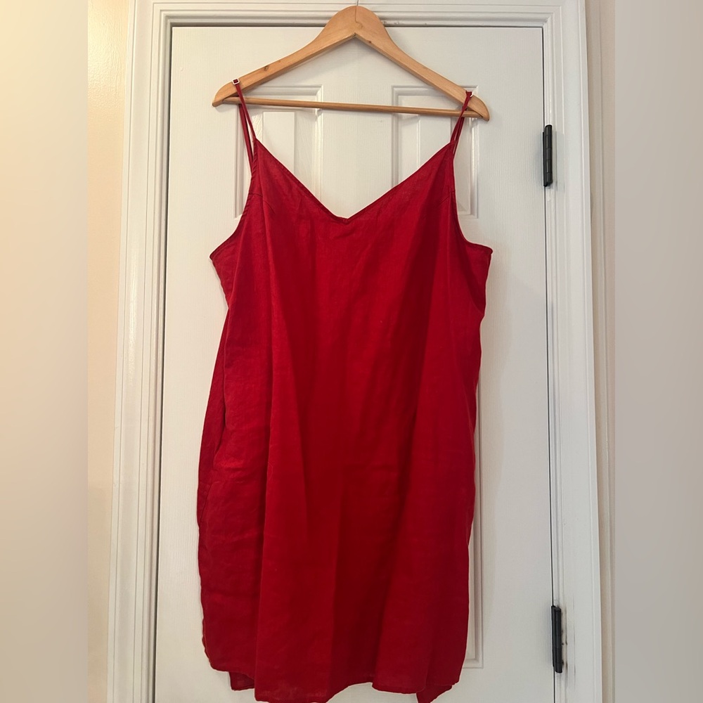 Linen slip dress side pockets red